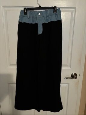 ODDIE Wide Leg Black Pants with Light Blue Jean Waistband NEW